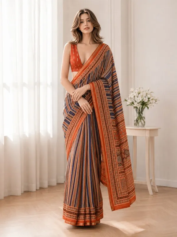 Leelavati_Printed_Floral_Print_Geometric_Print_Blocked_Printed_Woven_Daily_Wear_Pure_Cotton_Saree_Orange
