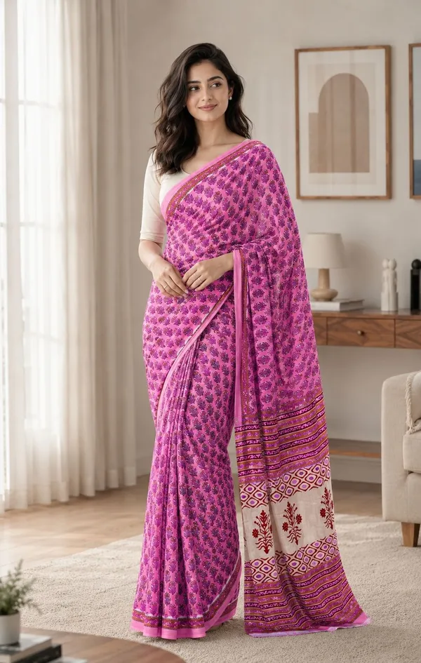 Leelavati_Printed_Floral_Print_Geometric_Print_Blocked_Printed_Woven_Daily_Wear_Pure_Cotton_Saree_Pink