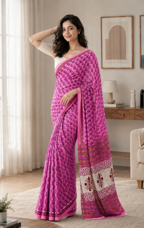 Leelavati_Printed_Floral_Print_Geometric_Print_Blocked_Printed_Woven_Daily_Wear_Pure_Cotton_Saree_Pink