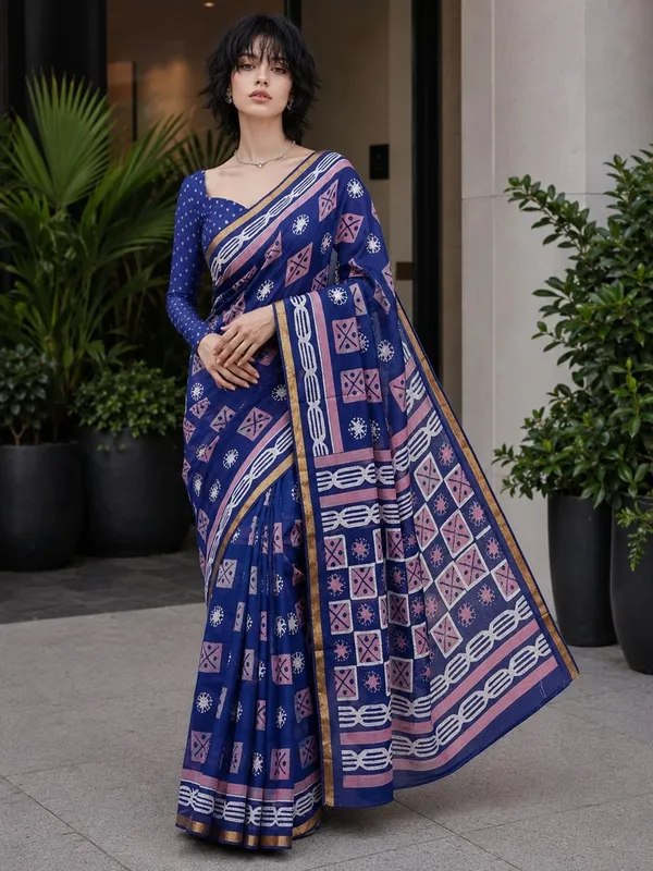 Leelavati_Printed_Floral_Print_Geometric_Print_Blocked_Printed_Woven_Daily_Wear_Pure_Cotton_Saree_Blue