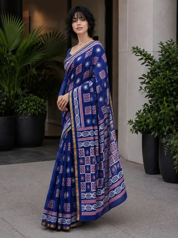 Leelavati_Printed_Floral_Print_Geometric_Print_Blocked_Printed_Woven_Daily_Wear_Pure_Cotton_Saree_Blue