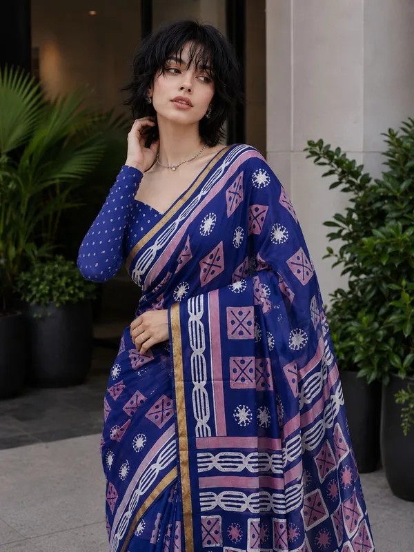 Leelavati_Printed_Floral_Print_Geometric_Print_Blocked_Printed_Woven_Daily_Wear_Pure_Cotton_Saree_Blue