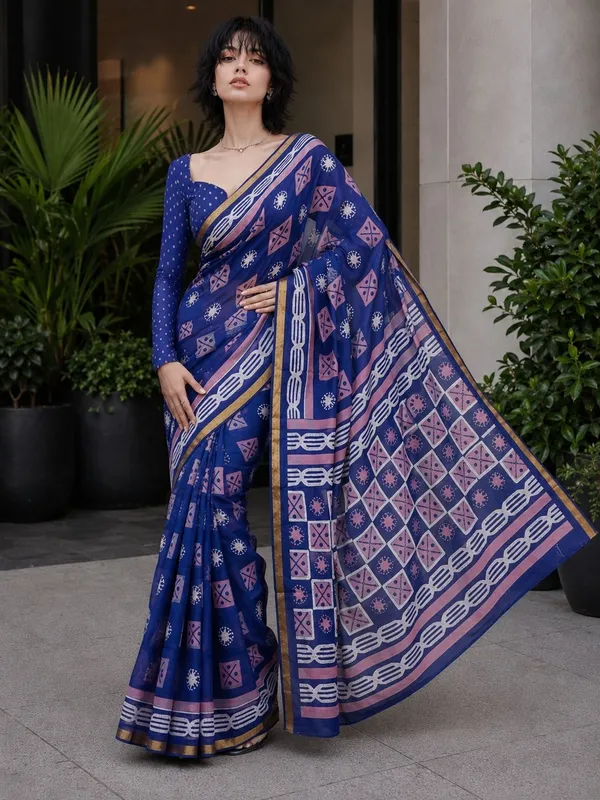 Leelavati_Printed_Floral_Print_Geometric_Print_Blocked_Printed_Woven_Daily_Wear_Pure_Cotton_Saree_Blue