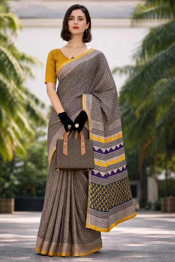 Leelavati_Printed_Floral_Print_Geometric_Print_Blocked_Printed_Woven_Daily_Wear_Pure_Cotton_Saree_Beige_And_Yellow