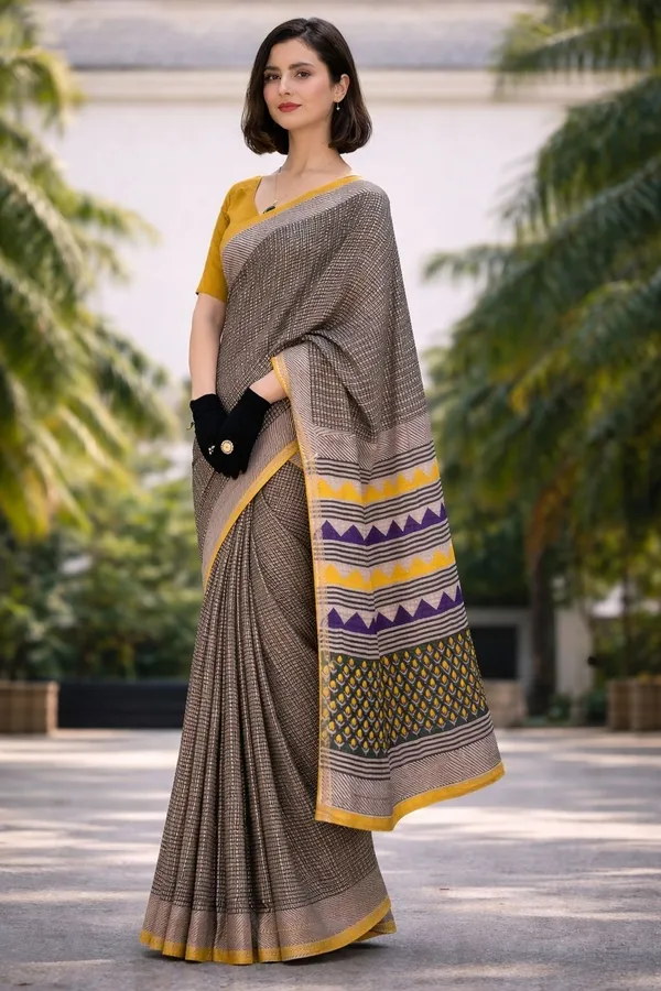 Leelavati_Printed_Floral_Print_Geometric_Print_Blocked_Printed_Woven_Daily_Wear_Pure_Cotton_Saree_Beige_And_Yellow