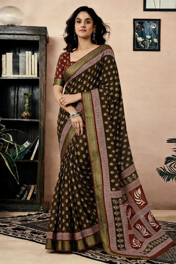 Leelavati_Printed_Floral_Print_Geometric_Print_Blocked_Printed_Woven_Daily_Wear_Pure_Cotton_Saree_Brown_And_Red