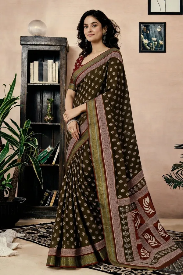 Leelavati_Printed_Floral_Print_Geometric_Print_Blocked_Printed_Woven_Daily_Wear_Pure_Cotton_Saree_Brown_And_Red