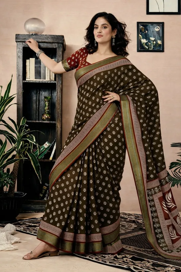 Leelavati_Printed_Floral_Print_Geometric_Print_Blocked_Printed_Woven_Daily_Wear_Pure_Cotton_Saree_Brown_And_Red
