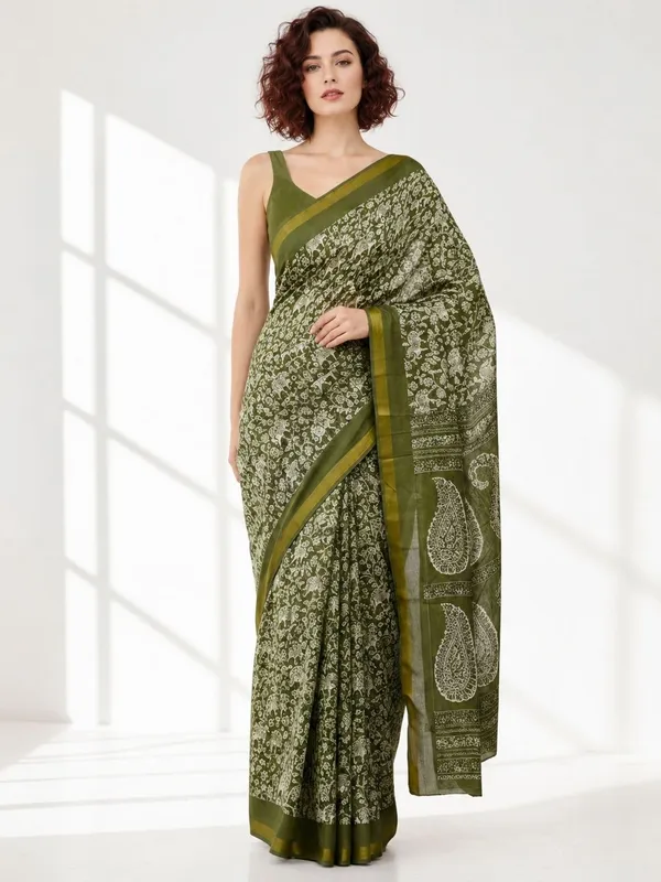 Leelavati_Printed_Floral_Print_Geometric_Print_Blocked_Printed_Woven_Daily_Wear_Pure_Cotton_Saree_Green