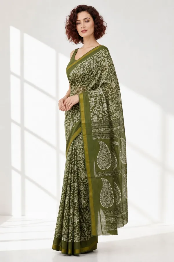 Leelavati_Printed_Floral_Print_Geometric_Print_Blocked_Printed_Woven_Daily_Wear_Pure_Cotton_Saree_Green
