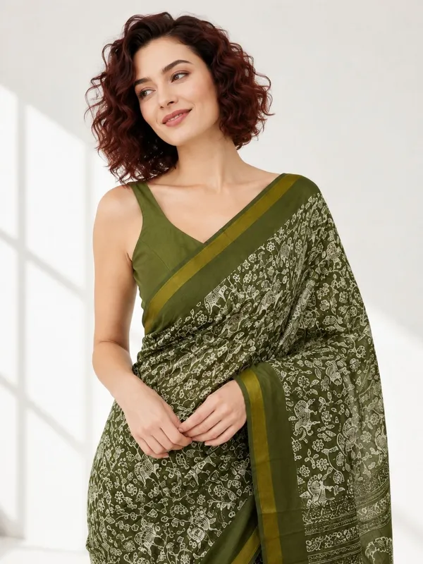 Leelavati_Printed_Floral_Print_Geometric_Print_Blocked_Printed_Woven_Daily_Wear_Pure_Cotton_Saree_Green