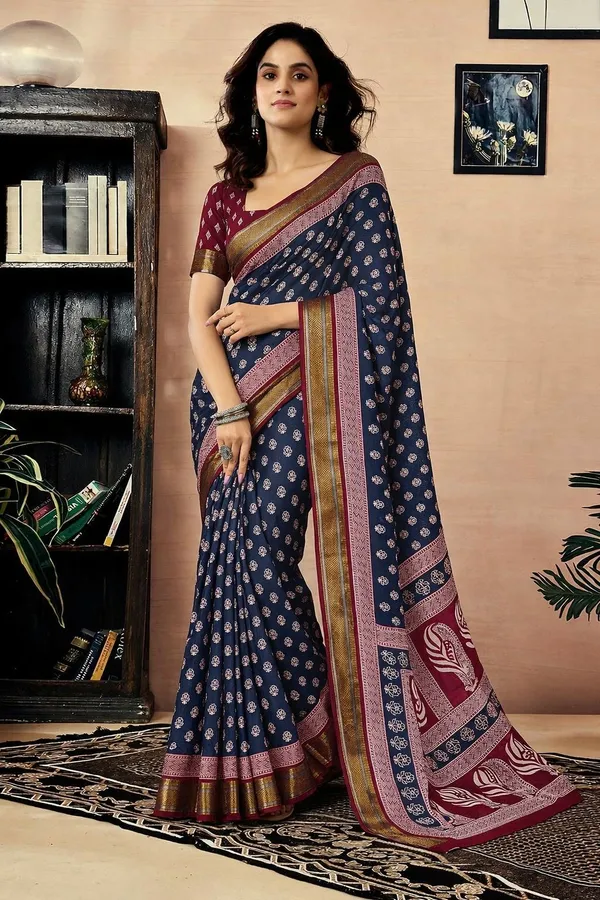 Leelavati_Printed_Floral_Print_Geometric_Print_Blocked_Printed_Woven_Daily_Wear_Pure_Cotton_Saree_Blue_And_Pink