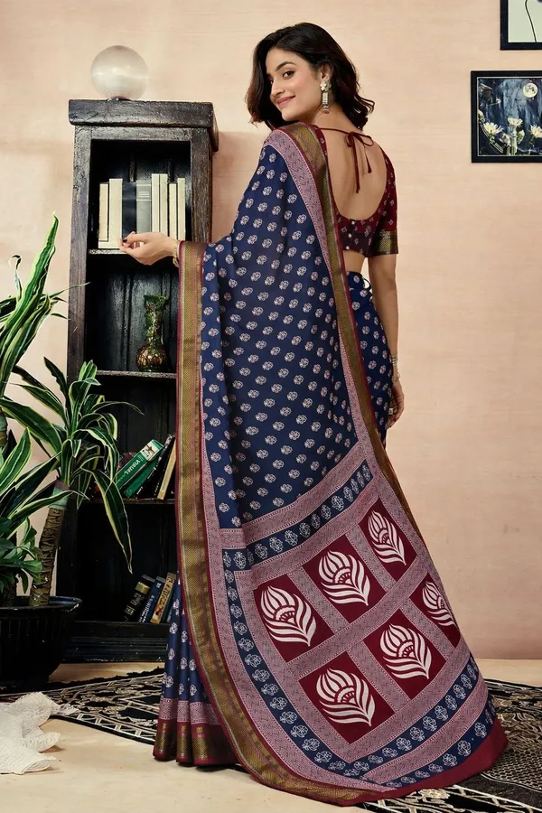 Leelavati_Printed_Floral_Print_Geometric_Print_Blocked_Printed_Woven_Daily_Wear_Pure_Cotton_Saree_Blue_And_Pink