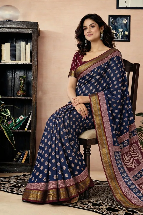 Leelavati_Printed_Floral_Print_Geometric_Print_Blocked_Printed_Woven_Daily_Wear_Pure_Cotton_Saree_Blue_And_Pink