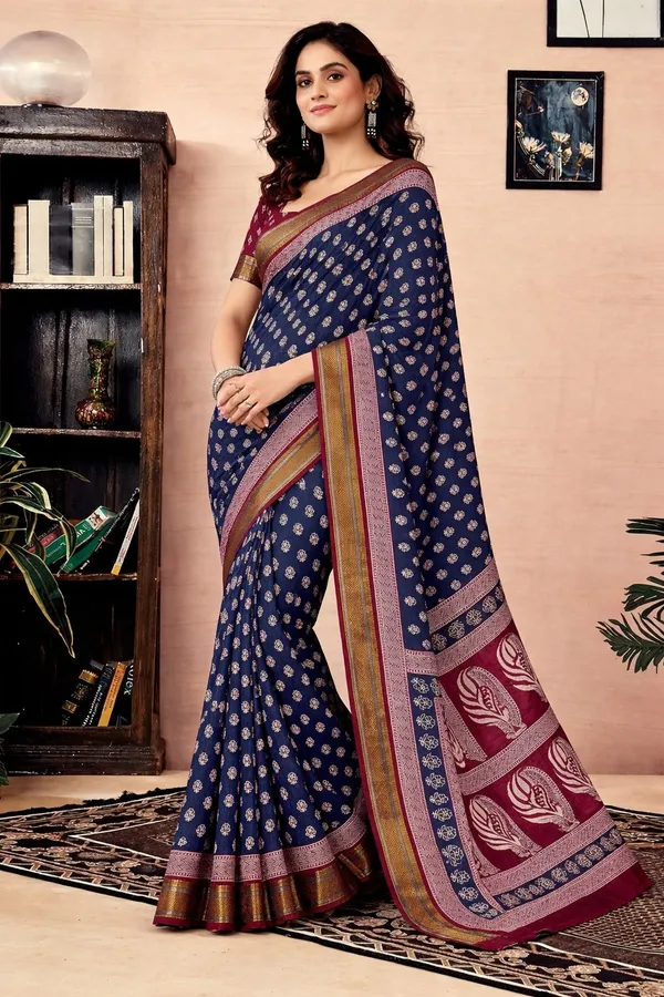 Leelavati_Printed_Floral_Print_Geometric_Print_Blocked_Printed_Woven_Daily_Wear_Pure_Cotton_Saree_Blue_And_Pink