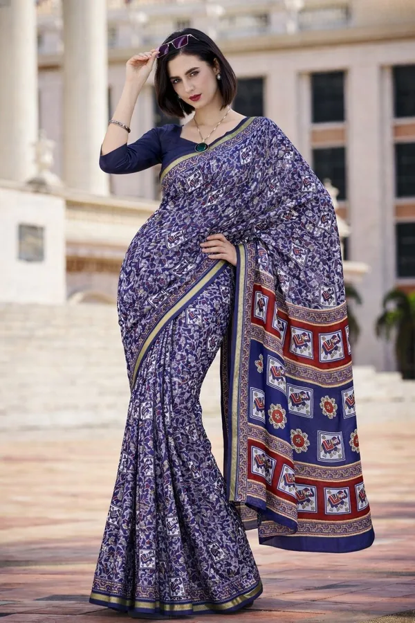 Leelavati_Printed_Floral_Print_Geometric_Print_Blocked_Printed_Woven_Daily_Wear_Pure_Cotton_Saree_Dark_Blue