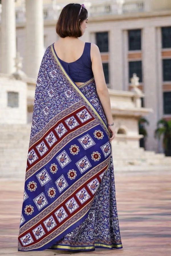 Leelavati_Printed_Floral_Print_Geometric_Print_Blocked_Printed_Woven_Daily_Wear_Pure_Cotton_Saree_Dark_Blue