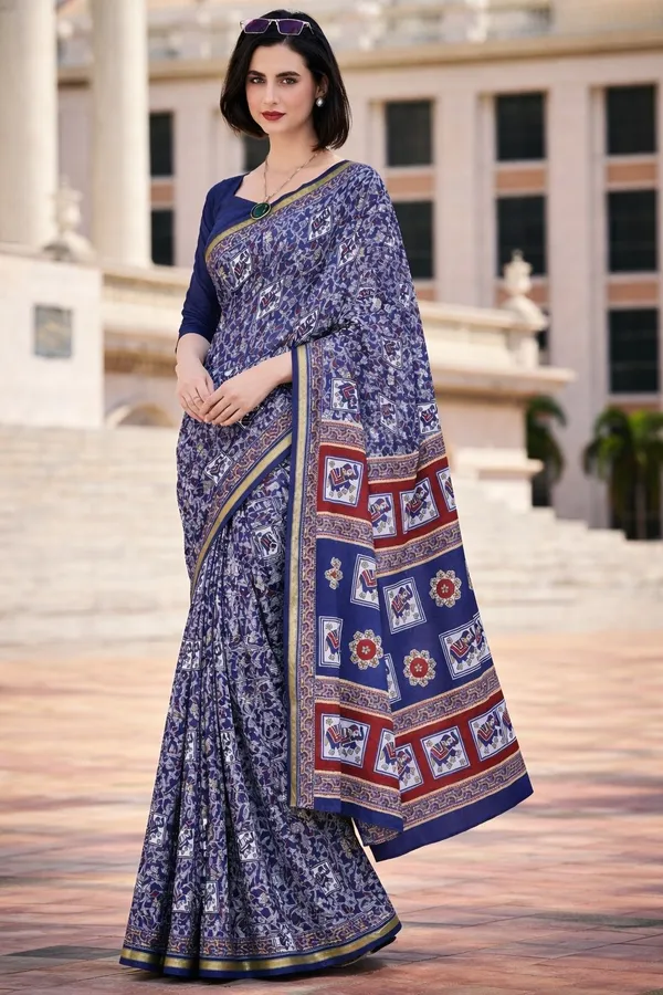 Leelavati_Printed_Floral_Print_Geometric_Print_Blocked_Printed_Woven_Daily_Wear_Pure_Cotton_Saree_Dark_Blue
