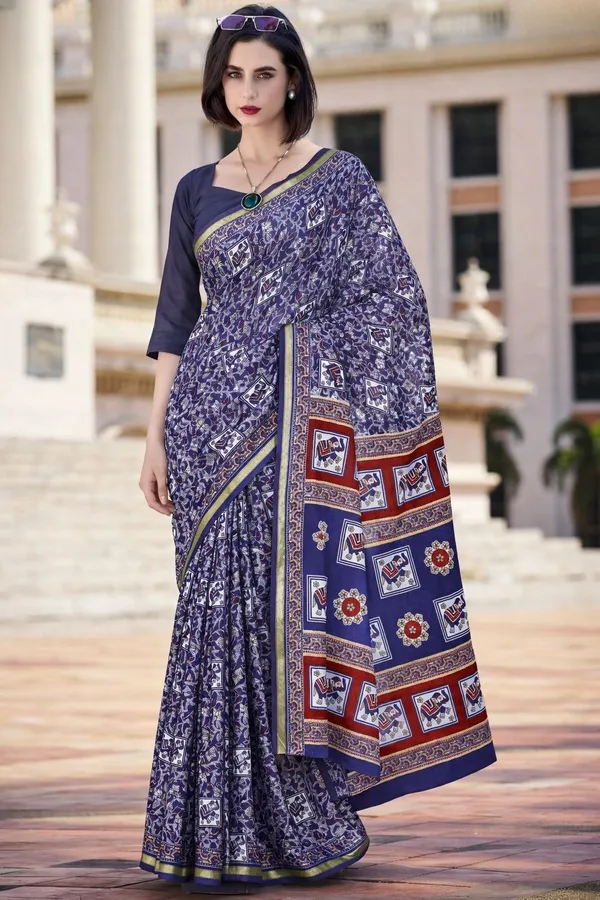 Leelavati_Printed_Floral_Print_Geometric_Print_Blocked_Printed_Woven_Daily_Wear_Pure_Cotton_Saree_Dark_Blue