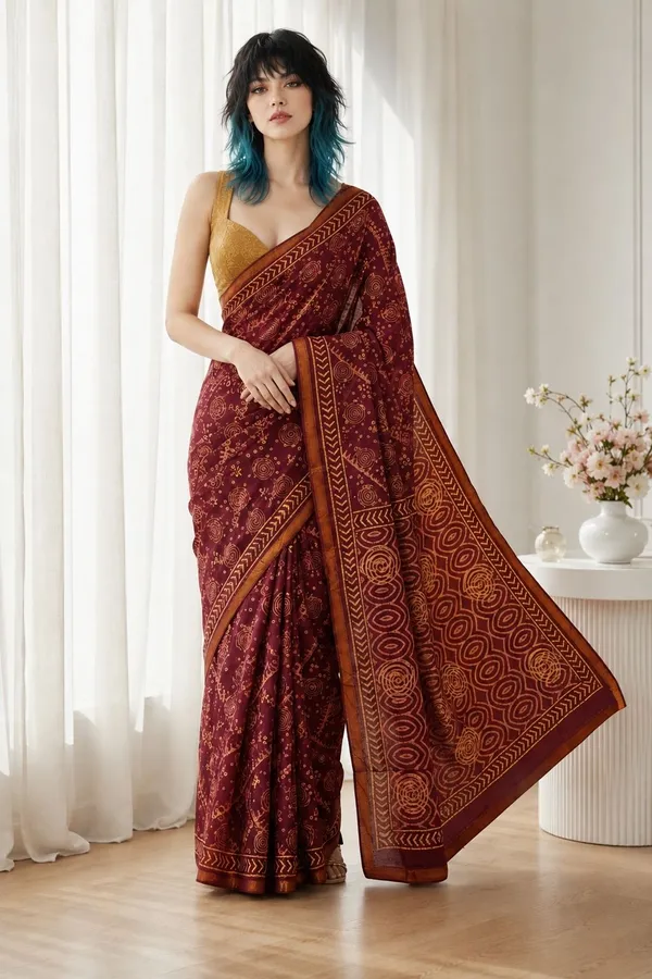 Leelavati_Printed_Floral_Print_Geometric_Print_Blocked_Printed_Woven_Daily_Wear_Pure_Cotton_Saree_Maroon