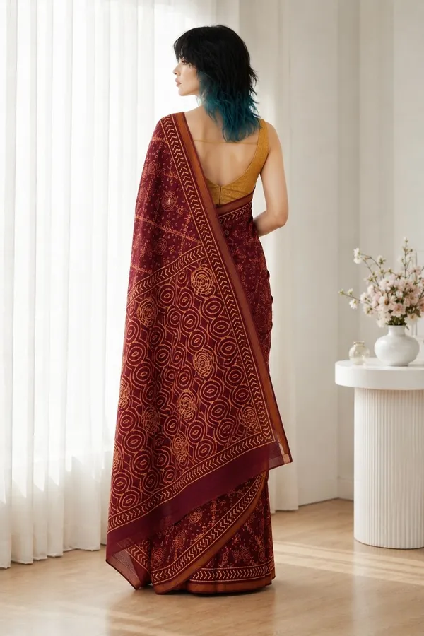 Leelavati_Printed_Floral_Print_Geometric_Print_Blocked_Printed_Woven_Daily_Wear_Pure_Cotton_Saree_Maroon