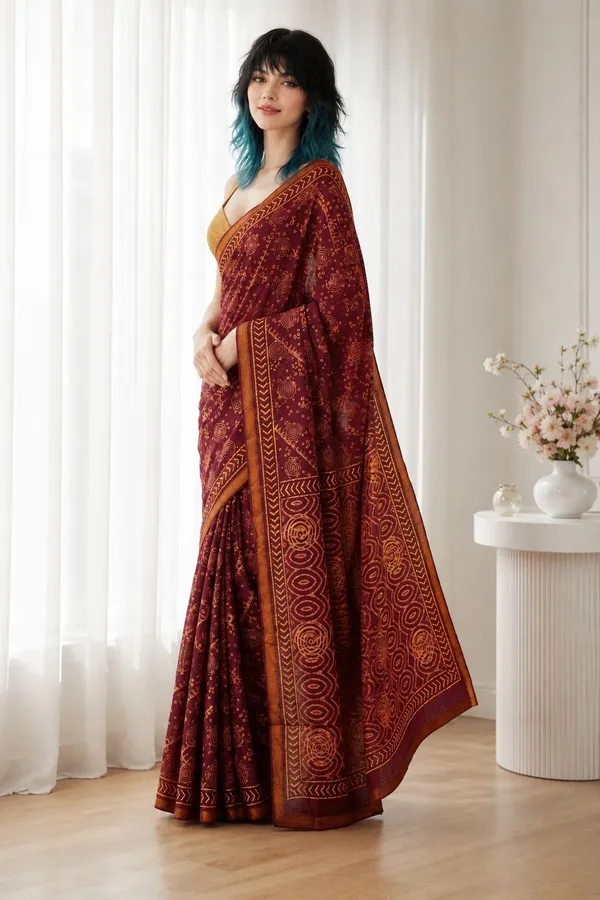 Leelavati_Printed_Floral_Print_Geometric_Print_Blocked_Printed_Woven_Daily_Wear_Pure_Cotton_Saree_Maroon