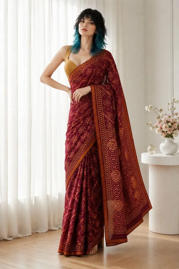 Leelavati_Printed_Floral_Print_Geometric_Print_Blocked_Printed_Woven_Daily_Wear_Pure_Cotton_Saree_Maroon