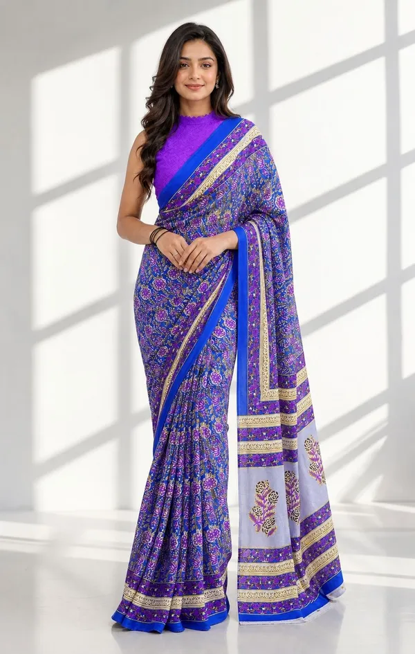 Leelavati_Printed_Floral_Print_Geometric_Print_Blocked_Printed_Woven_Daily_Wear_Pure_Cotton_Saree_Purple