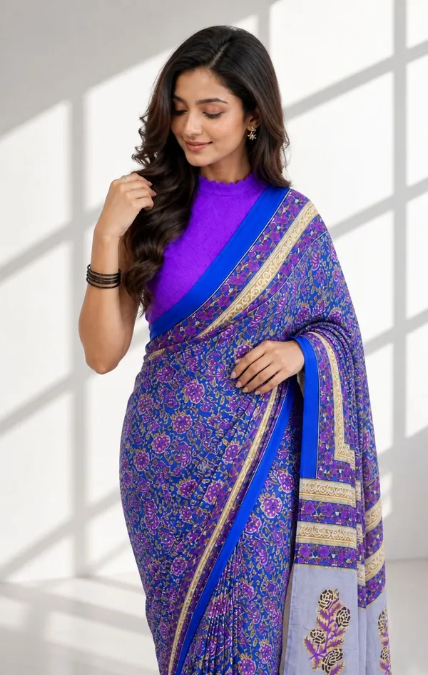 Leelavati_Printed_Floral_Print_Geometric_Print_Blocked_Printed_Woven_Daily_Wear_Pure_Cotton_Saree_Purple