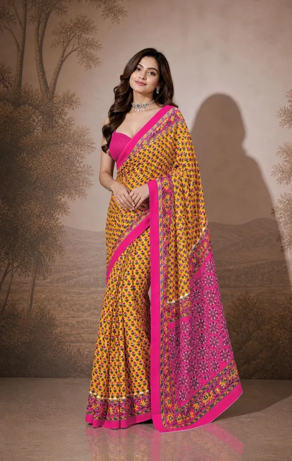 Leelavati_Printed_Floral_Print_Geometric_Print_Blocked_Printed_Woven_Daily_Wear_Pure_Cotton_Saree_Yellow