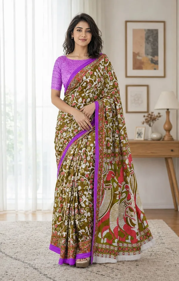 Leelavati_Printed_Floral_Print_Geometric_Print_Blocked_Printed_Woven_Daily_Wear_Pure_Cotton_Saree_Green
