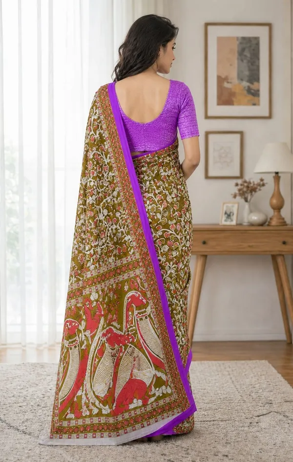 Leelavati_Printed_Floral_Print_Geometric_Print_Blocked_Printed_Woven_Daily_Wear_Pure_Cotton_Saree_Green