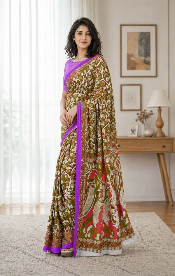 Leelavati_Printed_Floral_Print_Geometric_Print_Blocked_Printed_Woven_Daily_Wear_Pure_Cotton_Saree_Green