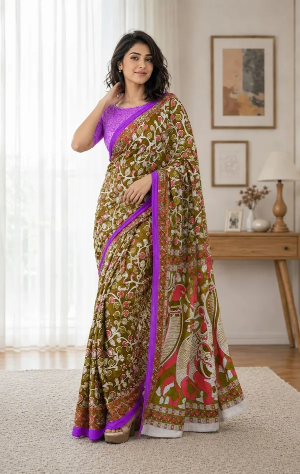 Leelavati_Printed_Floral_Print_Geometric_Print_Blocked_Printed_Woven_Daily_Wear_Pure_Cotton_Saree_Green