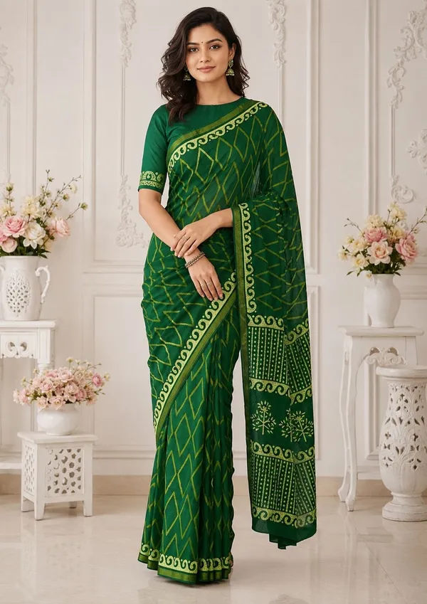 Leelavati_Printed_Floral_Print_Geometric_Print_Blocked_Printed_Woven_Daily_Wear_Pure_Cotton_Saree_Dark_Green