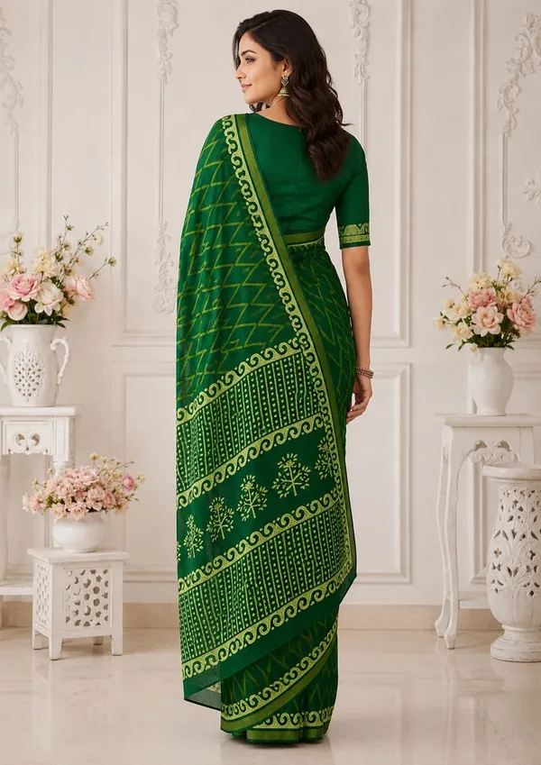 Leelavati_Printed_Floral_Print_Geometric_Print_Blocked_Printed_Woven_Daily_Wear_Pure_Cotton_Saree_Dark_Green