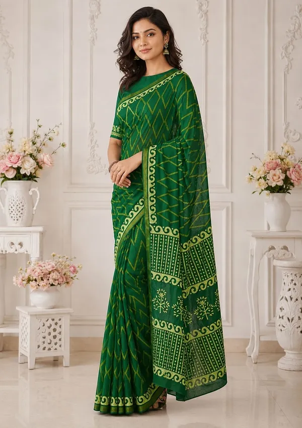 Leelavati_Printed_Floral_Print_Geometric_Print_Blocked_Printed_Woven_Daily_Wear_Pure_Cotton_Saree_Dark_Green