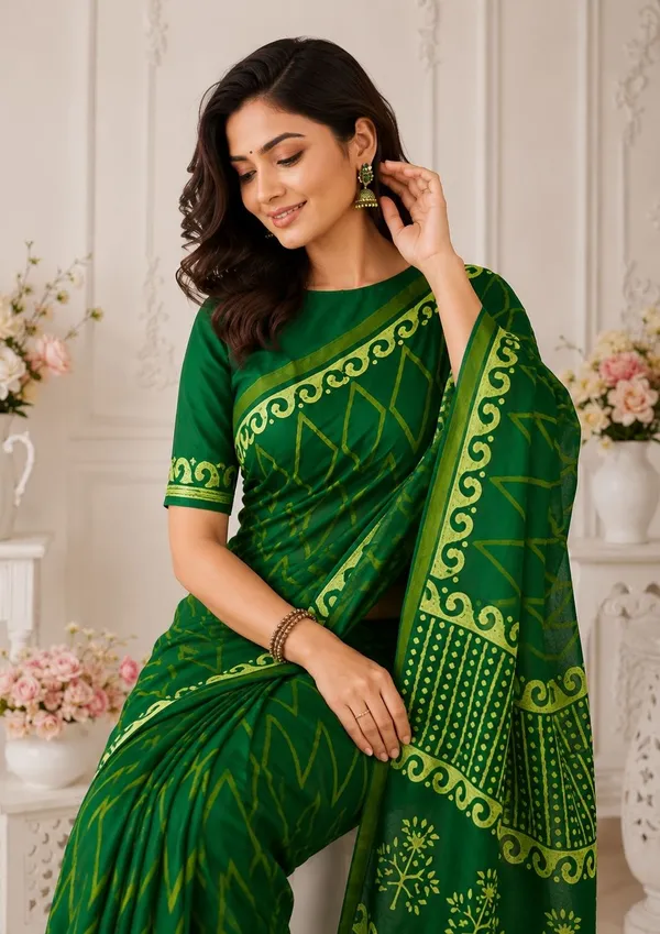 Leelavati_Printed_Floral_Print_Geometric_Print_Blocked_Printed_Woven_Daily_Wear_Pure_Cotton_Saree_Dark_Green