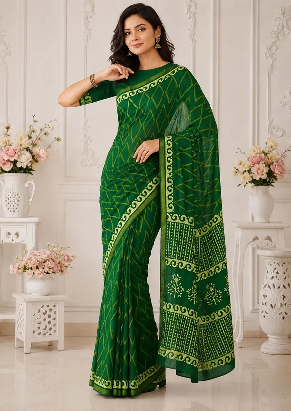 Leelavati_Printed_Floral_Print_Geometric_Print_Blocked_Printed_Woven_Daily_Wear_Pure_Cotton_Saree_Dark_Green