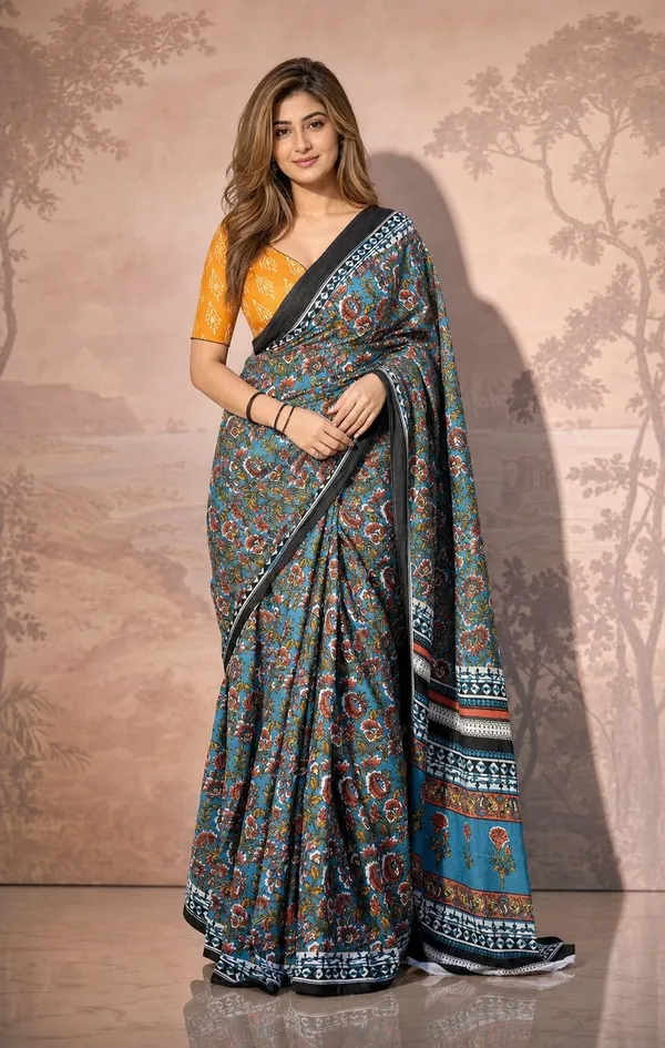 Leelavati_Printed_Floral_Print_Geometric_Print_Blocked_Printed_Woven_Daily_Wear_Pure_Cotton_Saree_Light_Blue