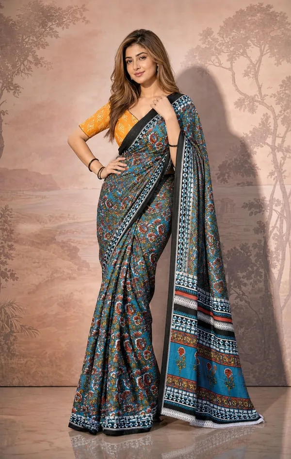 Leelavati_Printed_Floral_Print_Geometric_Print_Blocked_Printed_Woven_Daily_Wear_Pure_Cotton_Saree_Light_Blue