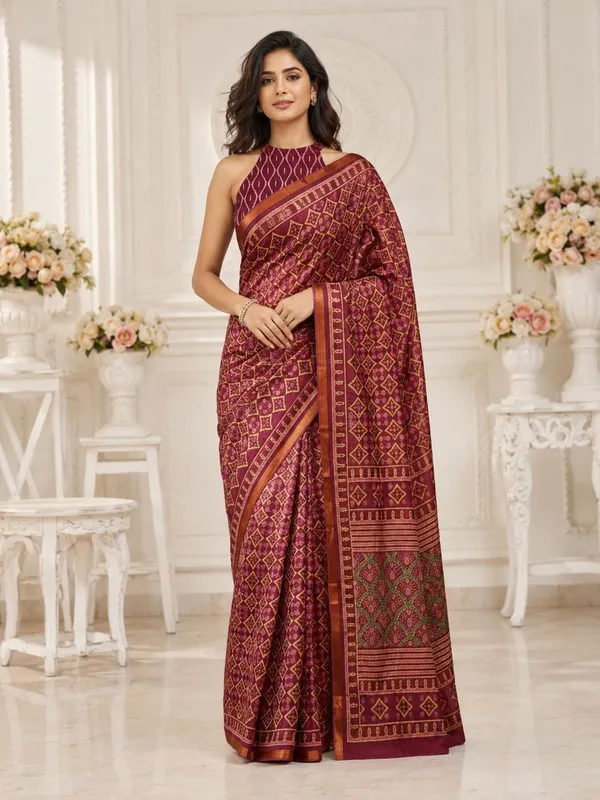 Leelavati_Printed_Floral_Print_Geometric_Print_Blocked_Printed_Woven_Daily_Wear_Pure_Cotton_Saree_Maroon