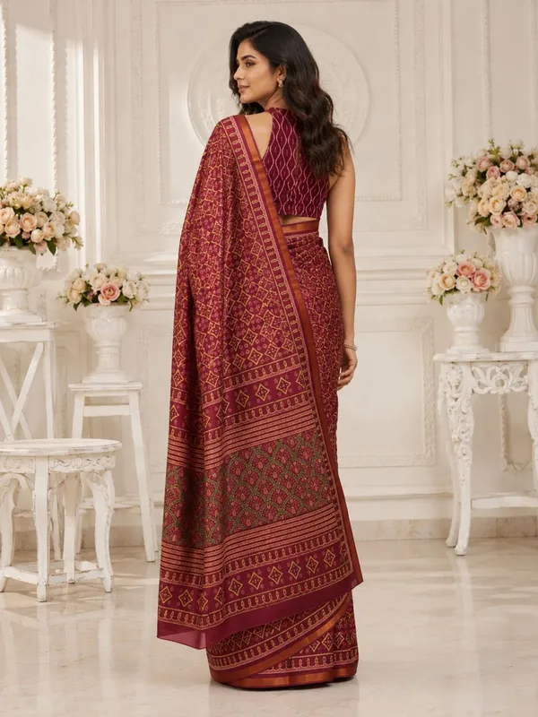 Leelavati_Printed_Floral_Print_Geometric_Print_Blocked_Printed_Woven_Daily_Wear_Pure_Cotton_Saree_Maroon