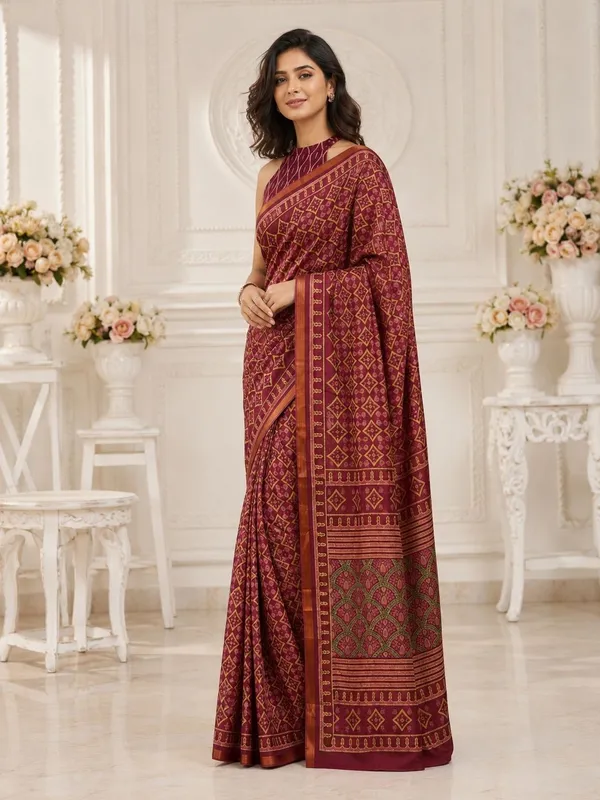 Leelavati_Printed_Floral_Print_Geometric_Print_Blocked_Printed_Woven_Daily_Wear_Pure_Cotton_Saree_Maroon
