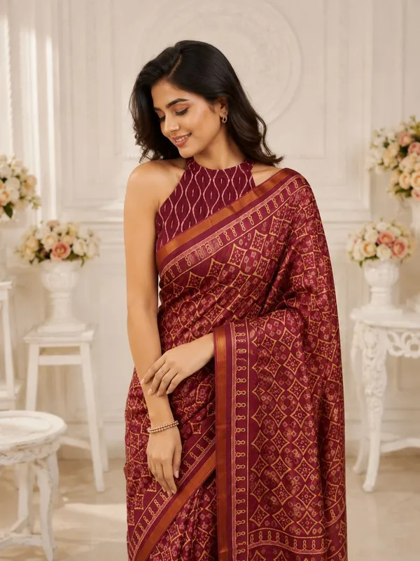 Leelavati_Printed_Floral_Print_Geometric_Print_Blocked_Printed_Woven_Daily_Wear_Pure_Cotton_Saree_Maroon
