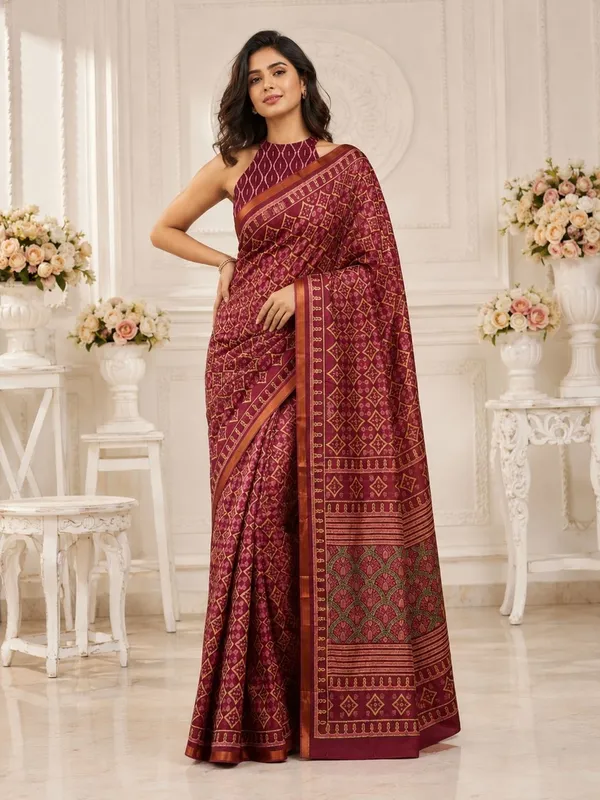 Leelavati_Printed_Floral_Print_Geometric_Print_Blocked_Printed_Woven_Daily_Wear_Pure_Cotton_Saree_Maroon