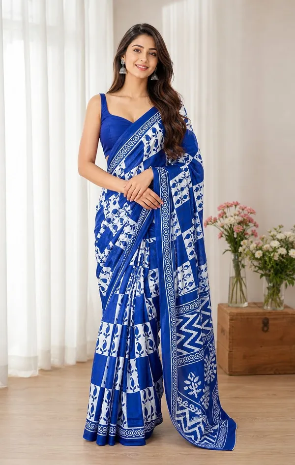 Leelavati_Printed_Floral_Print_Geometric_Print_Blocked_Printed_Woven_Daily_Wear_Pure_Cotton_Saree_Blue