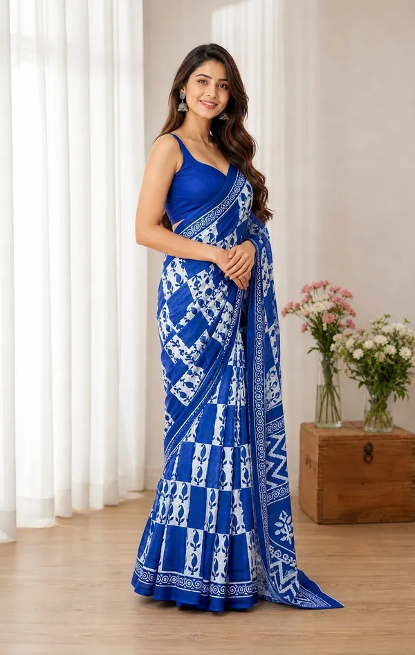 Leelavati_Printed_Floral_Print_Geometric_Print_Blocked_Printed_Woven_Daily_Wear_Pure_Cotton_Saree_Blue