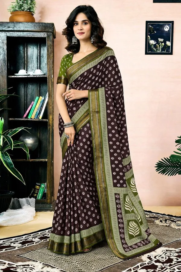 Leelavati_Printed_Floral_Print_Geometric_Print_Blocked_Printed_Woven_Daily_Wear_Pure_Cotton_Saree_Brown_And_Green