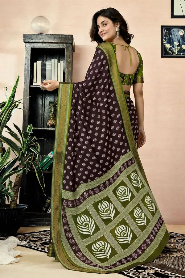 Leelavati_Printed_Floral_Print_Geometric_Print_Blocked_Printed_Woven_Daily_Wear_Pure_Cotton_Saree_Brown_And_Green